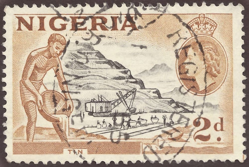 Nigeria's 1953 2d stamp showing tin mining